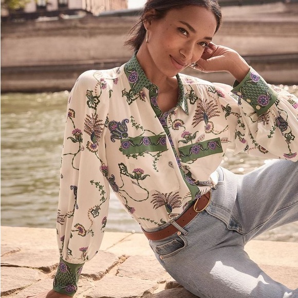 LOFT Tops - LOFT Cream and Green Patterned Blouse XL